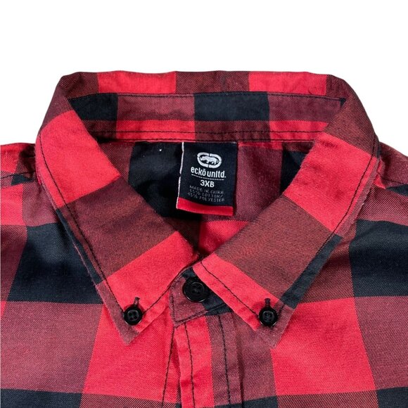 Ecko Unltd Flannel Shirt Men's Sz 3XB Button Down Red Black Plaid Lumberjack - Picture 3 of 10